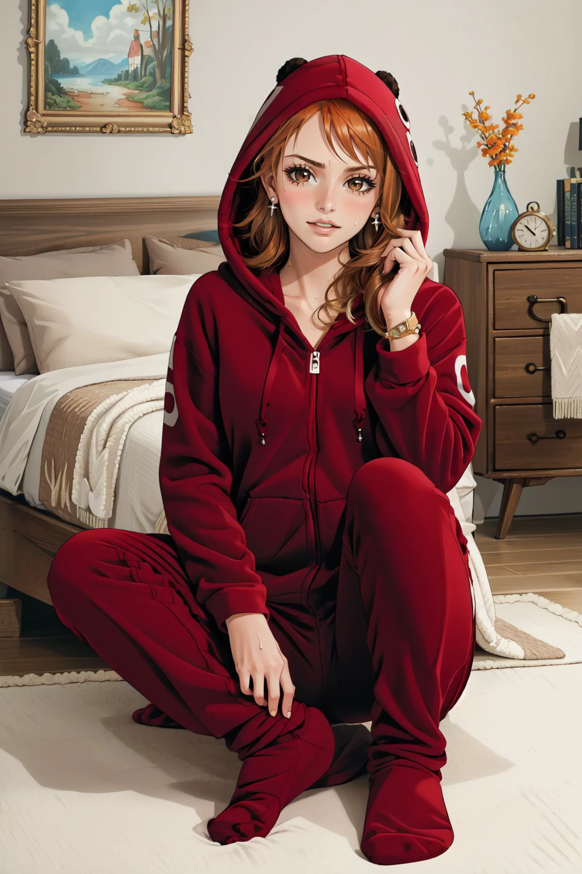 (masterpiece, best quality), intricate details,
1girl, <lora:nami_(one_piece)_v1:0.8> nami (one piece), long hair, orange hair, brown eyes, earrings,
<lora:footie-10:0.8> hoodie-footie pjs, hood up, hood down
indoors, bedroom, cute, sweating,