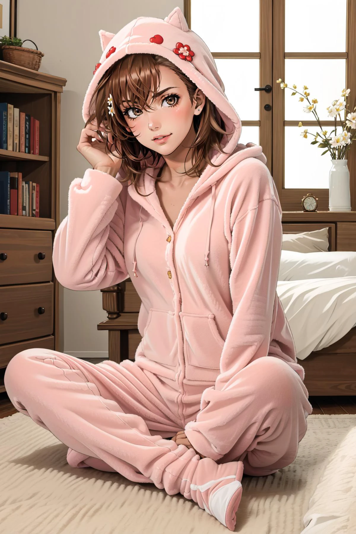 (masterpiece, best quality), intricate details,
1girl, , <lora:misaka_mikoto_v1:0.8> aamikoto, short hair, hair flower
<lora:footie-10:0.8> hoodie-footie pjs, hood up, hood down
indoors, bedroom, cute, hoodie-footie pjs, hood up, hood down