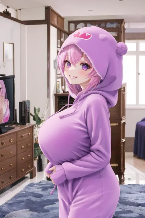 NSFW anime style image of a girl in tight pajamas who has huge breasts and a surprised expression.