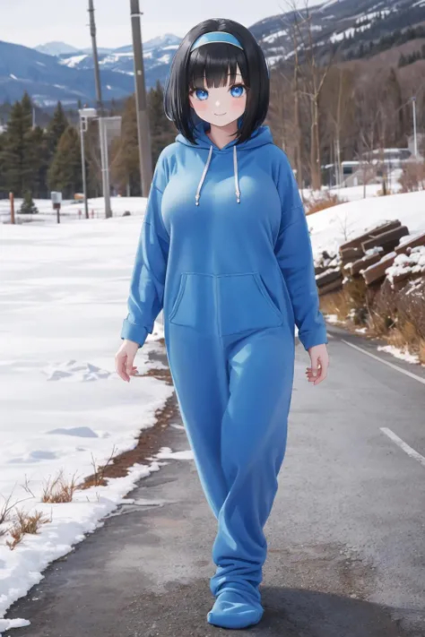 <lora:footie:0.6>, hoodie-footie pjs, 1girl, full body, large breasts, hood down, outdoors, mountain, black hair, blue eyes, hairband, bob cut, smile
