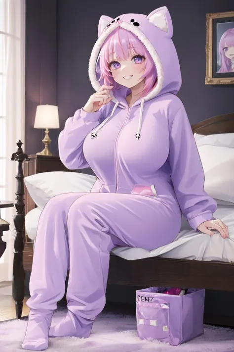 (masterpiece, best quality, ultra-detailed, 8k wallpaper, photorealistic), 1 girl, curvaceous but slender body, there is a woman sitting on a bed wearing a purple floral pajamas, red hair and attractive features, style of Anna Nikonova aka Newmilky