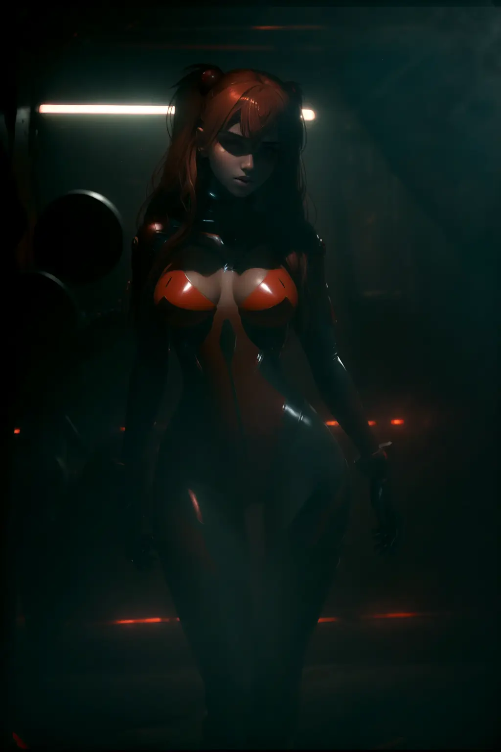 award winning (fullbody shot:1.2) of a beautiful woman, shirogane, erotic pose, red plugsuit, cleavage, moody and melancholic atmosphere with black background by lee jeffries nikon d850 film stock photograph 4 kodak portra 400 camera f1.6 lens rich colors hyper realistic lifelike texture dramatic lighting unreal engine trending on artstation cinestill 800 <lora:ShiroganeAsuka:0.9>