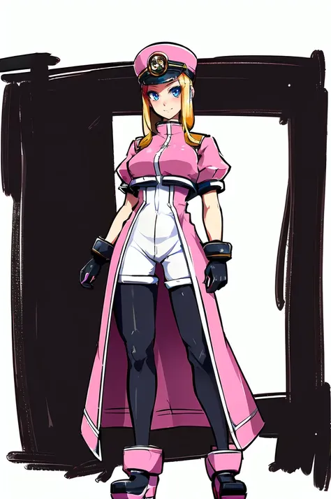ultra detailed, masterpiece, best quality,
solo,
cowboy shot,
soft smile, light smile,
 <lora:HerrscherAGGA2023_Prairie_V1:0.7> Prairie_MM, blue eyes, blonde hair, low-tied_long_hair, sidelocks, shako cap, long_coat, puffy sleeves, pink cropped jacket, framed_breasts, white gloves, bodystocking, Body suit, skin_tight, black_legwear, pink footwear,
 <lora:eu03 [MockAi - v1.0]:0.8> eu03, curvy, soft shading, exaggerated proportions,