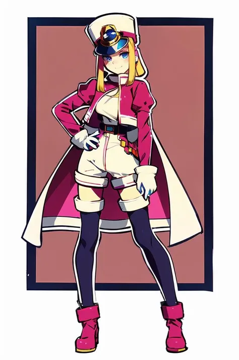 ultra detailed, masterpiece, best quality,
solo,
cowboy shot,
soft smile, light smile,
 <lora:HerrscherAGGA2023_Prairie_V1:0.7> Prairie_MM, blue eyes, blonde hair, low-tied_long_hair, sidelocks, shako cap, long_coat, puffy sleeves, pink cropped jacket, framed_breasts, white gloves, bodystocking, Body suit, skin_tight, black_legwear, pink footwear,
 <lora:Aurahack [MockAi - v1.0]:1> Aurahacks,