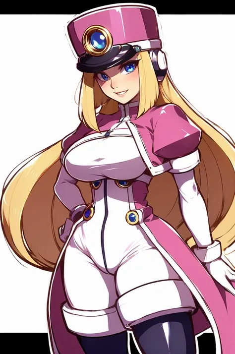 ultra detailed, masterpiece, best quality,
solo,
cowboy shot,
soft smile, light smile,
 <lora:HerrscherAGGA2023_Prairie_V1:0.7> Prairie_MM, blue eyes, blonde hair, low-tied_long_hair, sidelocks, shako cap, long_coat, puffy sleeves, pink cropped jacket, framed_breasts, white gloves, bodystocking, Body suit, skin_tight, black_legwear, pink footwear,
 <lora:Asura [MockAi - v1.0]:0.8> asura, film grain, highly detailed shading, shiny skin,