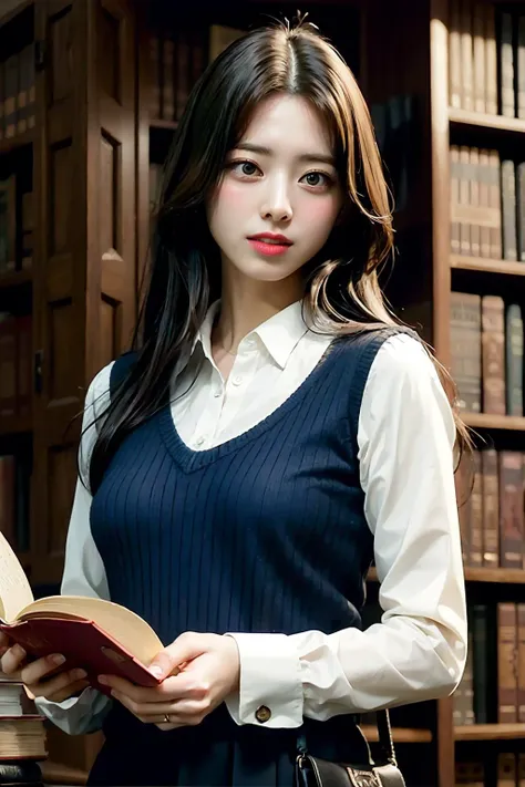 best quality, masterpiece, (photorealistic:1.4), 1girl:1.4, dusty old book shop,book shelves, book, holding opened book, blouse