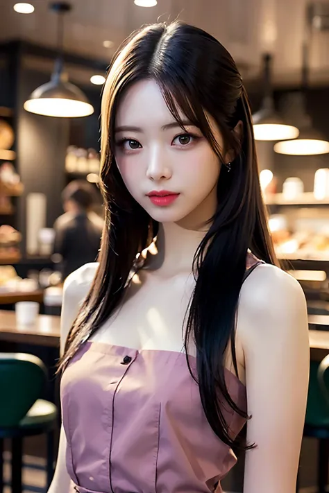 Best quality, masterpiece, ultra high res, (photorealistic:1.4), raw photo, 1girl, inside cafe, closeup, looking at viewer, long hair