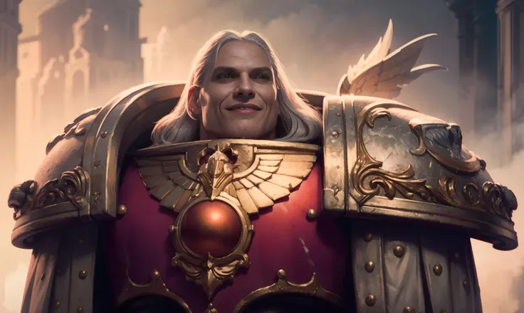 masterpiece, best quality, midbody closeup, <lora:Fulgrim MK1 by CARAXES:0.7>, Warhammer, dynamic poses, closed fist,
1man, standing, smiling, very handsome man face, long white hair, cape,
, RAW candid cinema, 16mm, color graded portra 400 film, remarkable color, ultra realistic, shot with cinematic camera <lora:more_details:0.5> <lora:Elixir:0.5> <lora:dieselpunk:0.5>