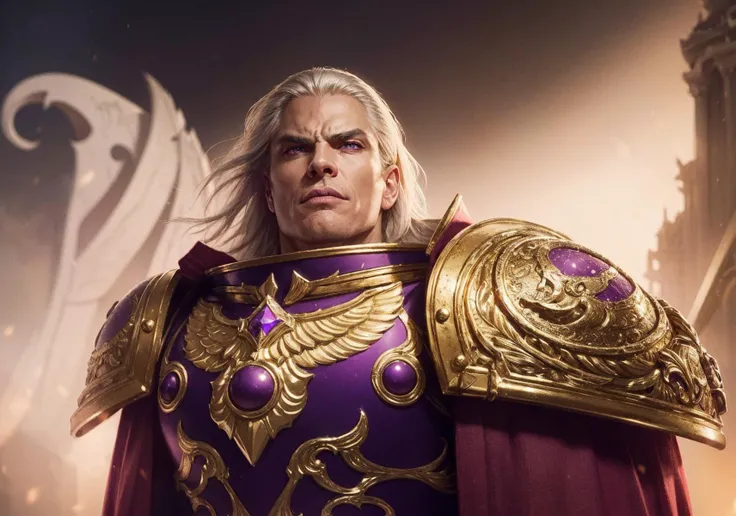 Photo of fulgrim in full armor, angry, wearing intricate ornamented metallic armor, holding weapon, epic battle, scale details, (man:1.2), heavy armor, epic, reflective metal, cape, gold trimmings, upper body focus, tall stature, white hair, violet pupils, androgynous, midbody closeup, <lora:Fulgrim MK1 by CARAXES:0.6>
 remarkable color, ultra realistic, shot with cinematic camera  <lora:Elixir:0.5>   <lora:add_detail:0.5>