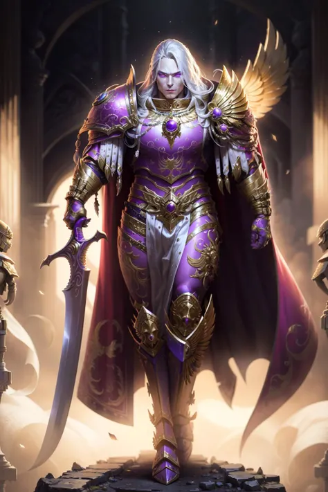 Photo of fulgrim in full armor, wearing intricate ornamented metallic armor, holding weapon, scale details, walking,
(man:1.2), heavy armor, epic, reflective metal, cape, silver trimmings, sword details, sword detail,
upper body focus, tall stature, white hair, violet eyes, androgynous,
<lora:tool - add_detail:1> <lora:Fulgrim MK1 by CARAXES:0.7>
