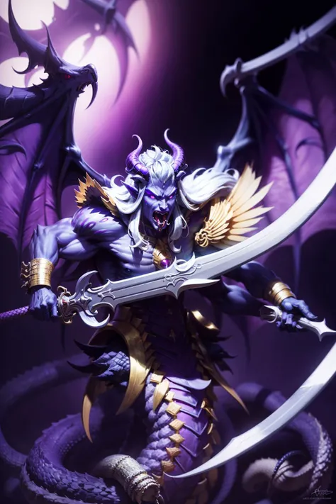 Photo of fulgrim, holding sword, horns, scale details, violet eyes, sinister, monster, snake tounge,
(man:1.2), ascended, epic, reflective metal, bronze trimmings, (multiple wings:1.5), 4 arms, multiple arms, details, snake humanoid, white hair, giant, demon, demon wings, snake lower body,
<lora:tool - add_detail:1> <lora:Fulgrim MK1 by CARAXES:0.7>