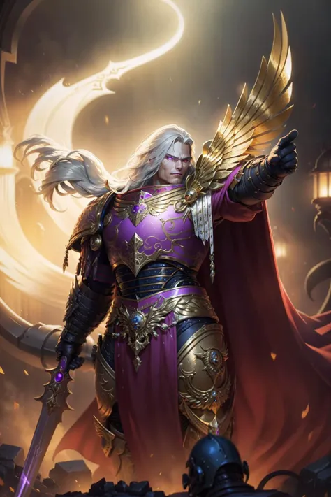 Photo of fulgrim in full armor, wearing intricate ornamented metallic armor, holding weapon, scale details, pointing,
(man:1.2), heavy armor, epic, reflective metal, cape, gold trimmings,
upper body focus, tall stature, white hair, violet pupils, androgynous,
<lora:tool - add_detail:1> <lora:Fulgrim MK1 by CARAXES:0.7>