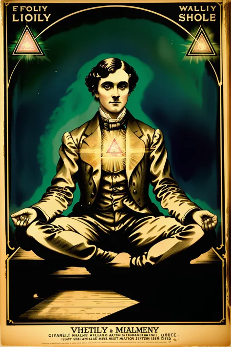 a victorian  poster advertising a  a man sitting in a meditation position with a glowing light in the background and a pink and blue background with a triangle and a man in the middle , 1800, Charles McAuley, set in 1860, a silk screen, american barbizon school,  victorian_esoteric , (( victorian style graphic ))