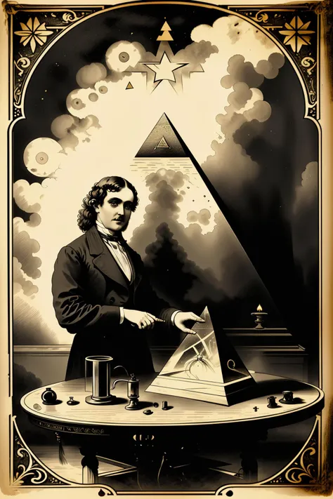a victorian  poster advertising a        a man sitting on a table with a pyramid on his head and a sun on his head above his head, with a mountain in the background , 1800, Charles McAuley, set in 1860, a silk screen, american barbizon school,  victorian_esoteric , (( victorian style graphic ))