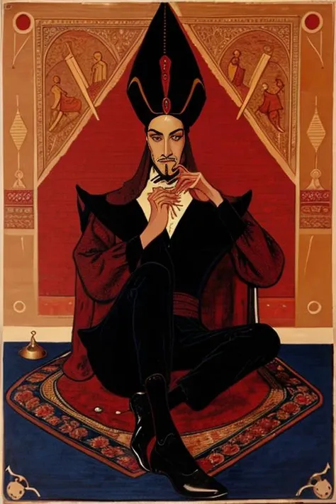 a victorian poster advertising a painting of a male sitting on a rug in front of a pyramid with an eye in the center of the image, 1800, Charles McAuley, set in 1860, a silk screen, victorian_esoteric, (( victorian style graphic )) <lora:victorian_esoteric:0.05> victorian_esoteric. <lora:Jafar_Disney:1.2> Jafar_Disney