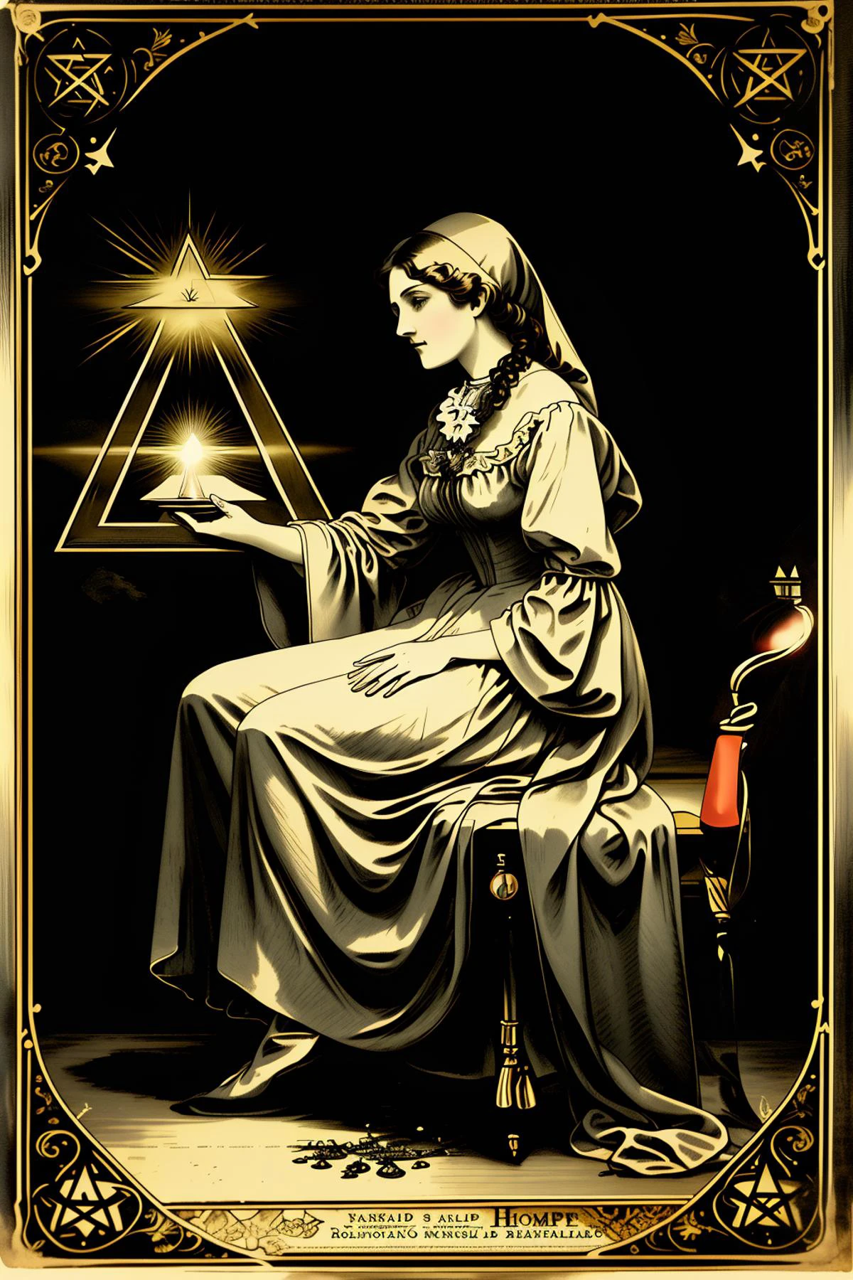 a victorian poster advertising a a statue of a woman with a veil on her head and a pentagram in her hands, sitting on a pedestal with a pentagram , 1800, Charles McAuley, set in 1860, a silk screen, american barbizon school, victorian_esoteric , (( victorian style graphic ))