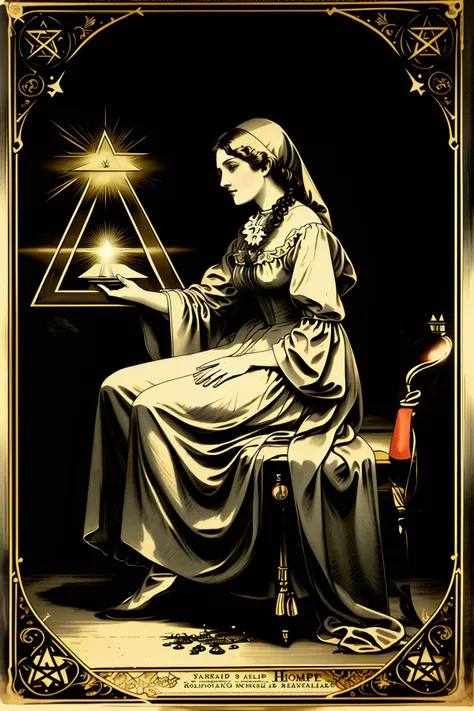 a victorian poster advertising a a statue of a woman with a veil on her head and a pentagram in her hands, sitting on a pedestal with a pentagram , 1800, Charles McAuley, set in 1860, a silk screen, american barbizon school, victorian_esoteric , (( victorian style graphic ))