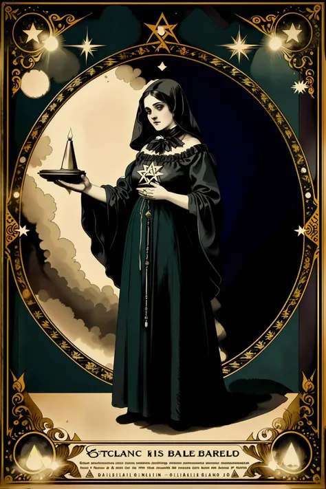 a victorian poster advertising a a woman with a black and white make up and a black veil over her head and a pentagram on her face and a triangle , 1800, Charles McAuley, set in 1860, a silk screen, american barbizon school, victorian_esoteric , (( victorian style graphic ))