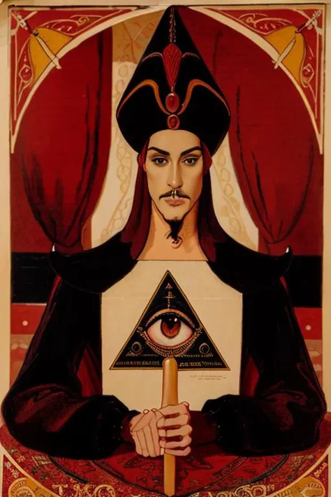 a victorian poster advertising a painting of a male sitting on a rug in front of a pyramid with an eye in the center of the image, 1800, Charles McAuley, set in 1860, a silk screen, victorian_esoteric, (( victorian style graphic )) <lora:victorian_esoteric:0.1> victorian_esoteric. <lora:Jafar_Disney:1.2> Jafar_Disney
