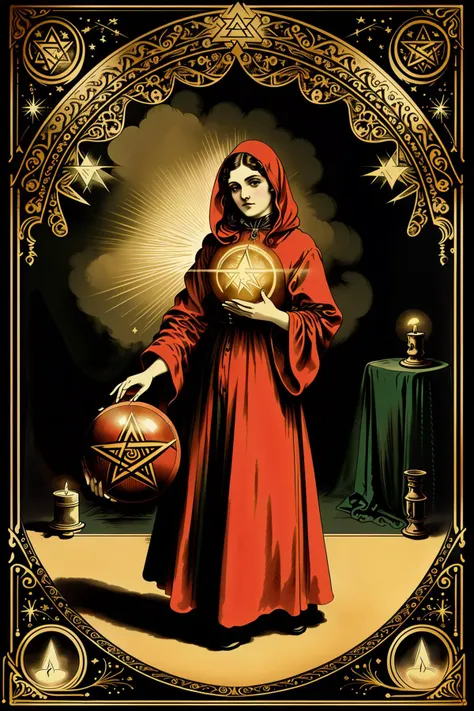 a victorian poster advertising a a woman in a hooded robe holding a ball of gold in her hands with a pentagram in the background and a red circle around her , 1800, Charles McAuley, set in 1860, a silk screen, american barbizon school, victorian_esoteric , (( victorian style graphic ))