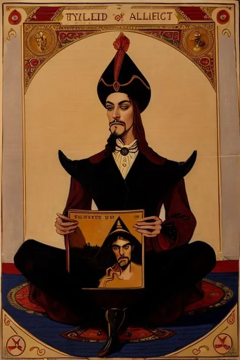 a victorian poster advertising a painting of a male sitting on a rug in front of a pyramid with an eye in the center of the image, 1800, Charles McAuley, set in 1860, a silk screen, victorian_esoteric, (( victorian style graphic )) <lora:victorian_esoteric:0.1> victorian_esoteric. <lora:Jafar_Disney:1.2> Jafar_Disney