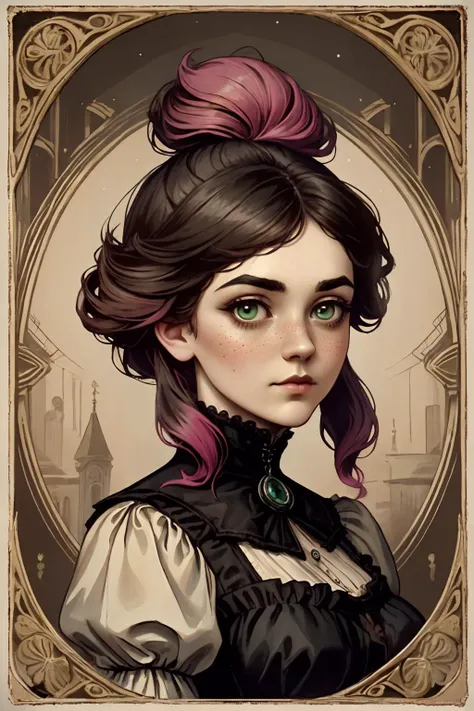 victorian_esoteric, victorian poster of a woman,  (RSEEmma:1.5),<lora:RSERomantic_RSESofiko_RSEEmma-v1:0.3>, side-swept bangs, black hair, pink IncursioDipDyedHair, messy mid ponytail, green eyes, thick eyebrows, freckles, <lora:DipDyedHair:1> <lora:victorian_esoteric-10:0.6> ethereal, lace, vintage, melancholic, elegant, ghostly, intricate, sepia tones, ornate frame, mysterious, faded, portrait, enigmatic, wistful, romantic, gothic, elaborate, Victorian era, dark beauty, time-worn, haunting allure, antique, captivating, Victorian fashion