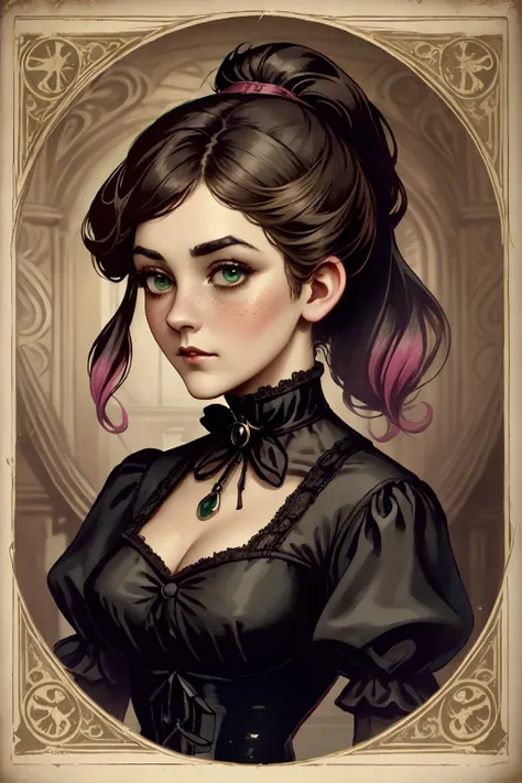 victorian_esoteric, victorian poster of a woman,  (RSEEmma:1.5),<lora:RSERomantic_RSESofiko_RSEEmma-v1:0.3>, side-swept bangs, black hair, pink IncursioDipDyedHair, messy mid ponytail, green eyes, thick eyebrows, freckles, <lora:DipDyedHair:1> <lora:victorian_esoteric-10:0.6> ethereal, lace, vintage, melancholic, elegant, ghostly, intricate, sepia tones, ornate frame, mysterious, faded, portrait, enigmatic, wistful, romantic, gothic, elaborate, Victorian era, dark beauty, time-worn, haunting allure, antique, captivating, Victorian fashion