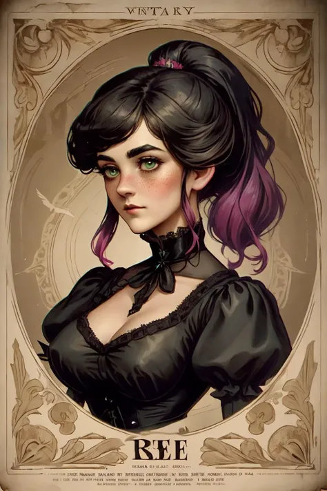 victorian_esoteric, victorian poster of a woman,  (RSEEmma:1.5),<lora:RSERomantic_RSESofiko_RSEEmma-v1:0.3>, side-swept bangs, black hair, pink IncursioDipDyedHair, messy mid ponytail, green eyes, thick eyebrows, freckles, <lora:DipDyedHair:1> <lora:victorian_esoteric-10:0.6> ethereal, lace, vintage, melancholic, elegant, ghostly, intricate, sepia tones, ornate frame, mysterious, faded, portrait, enigmatic, wistful, romantic, gothic, elaborate, Victorian era, dark beauty, time-worn, haunting allure, antique, captivating, Victorian fashion