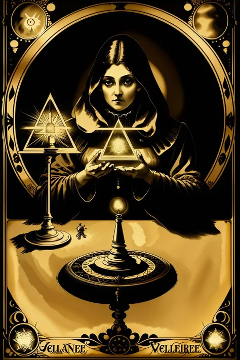 a poster advertising a  a woman sitting in front of a table with a light in her hand and a star in her hand in front of her face and a clock ,  victorian_esoteric , (( victorian style graphic ))