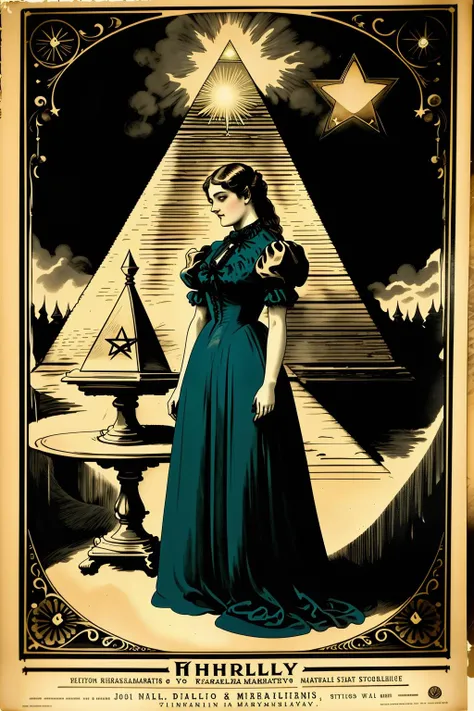 a victorian poster advertising a a woman in a blue dress standing in front of a fountain with a pyramid and a star in the background and a third pyramid in the foreground , 1800, Charles McAuley, set in 1860, a silk screen, american barbizon school, victorian_esoteric , (( victorian style graphic ))