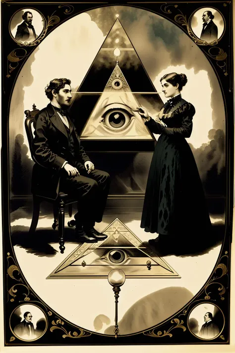 a victorian poster advertising a a painting of two people sitting on a rug in front of a pyramid with an eye in the center of the image and a third person standing on the floor , 1800, Charles McAuley, set in 1860, a silk screen, american barbizon school, victorian_esoteric , (( victorian style graphic ))