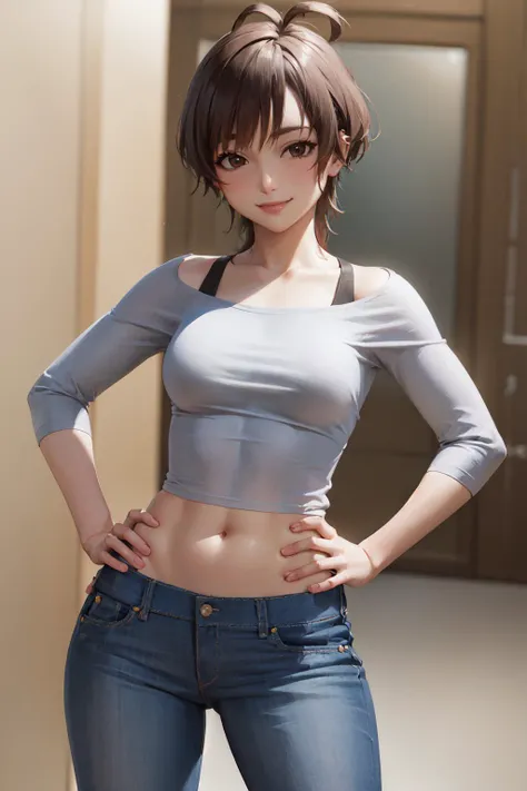 (masterpiece, best quality:1.2), <lora:witchblade_amaha-11:1>, cowboy shot, solo, 1girl, amaha masane, smile, closed mouth, looking at viewer, antenna hair, hand on hip, yellow crop top, jeans, midriff