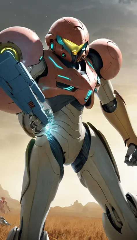 Cinematic scene, hero view, Samus Aran, Power Armor <lora:samus_aran_xl_v1:1>, action pose, detailed background, masterpiece, best quality, high quality, highres, absurdres