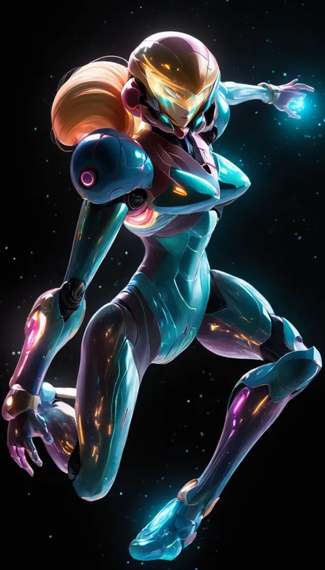 hologram of Cinematic scene, hero view, Samus Aran <lora:samus_aran_xl_v1:1>, action pose, detailed background, masterpiece, best quality, high quality, highres, absurdres floating in space, a vibrant digital illustration, dribbble, quantum wavetracing, black background, behance hd