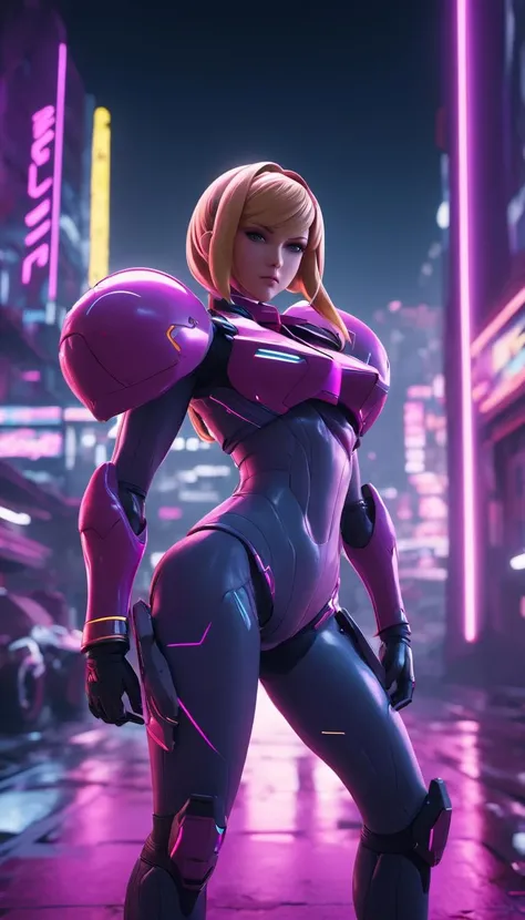 neonpunk style Cinematic scene, hero view, Samus Aran, action pose, detailed background, masterpiece, best quality, high quality, highres, absurdres . cyberpunk, vaporwave, neon, vibes, vibrant, stunningly beautiful, crisp, detailed, sleek, ultramodern, magenta highlights, dark purple shadows, high contrast, cinematic, ultra detailed, intricate, professional