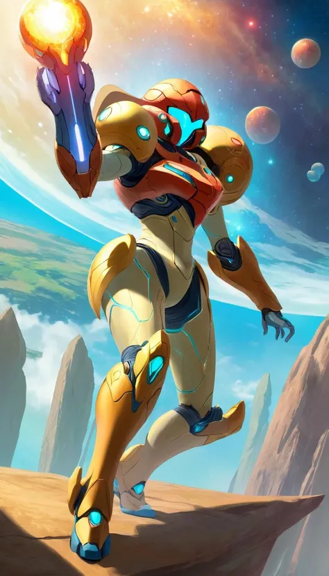 ethereal fantasy concept art of Cinematic scene, hero view, Samus Aran, action pose, detailed background, masterpiece, best quality, high quality, highres, absurdres <lora:samus_aran_xl_v1:1> . magnificent, celestial, ethereal, painterly, epic, majestic, magical, fantasy art, cover art, dreamy