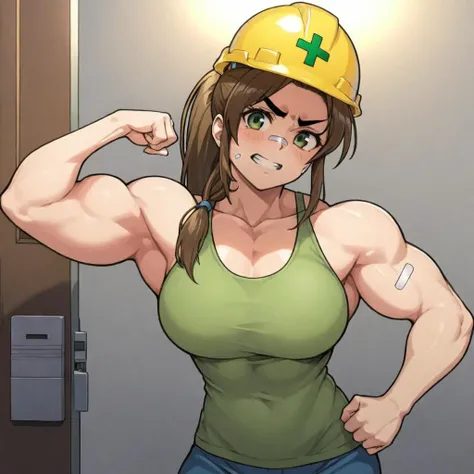 An anime character, designed in an early 1980s Japanese cartoon style, who appears as a rugged, masculine-looking woman with thick eyebrows and long brown hair tied in a ponytail. She boasts a very muscular build, with prominent biceps and chest, radiating strength. She's wearing a bright green tank top and a yellow construction hard hat adorned with a green cross. A noticeable band-aid is placed on her nose, and her face is lit up with a beaming, radiant smile. The setting is a room with gray walls, featuring one door and multiple air conditioning vents, with at least one vent clearly visible in the top right corner., <lora:ExtrMusc:0.65> extrmusc