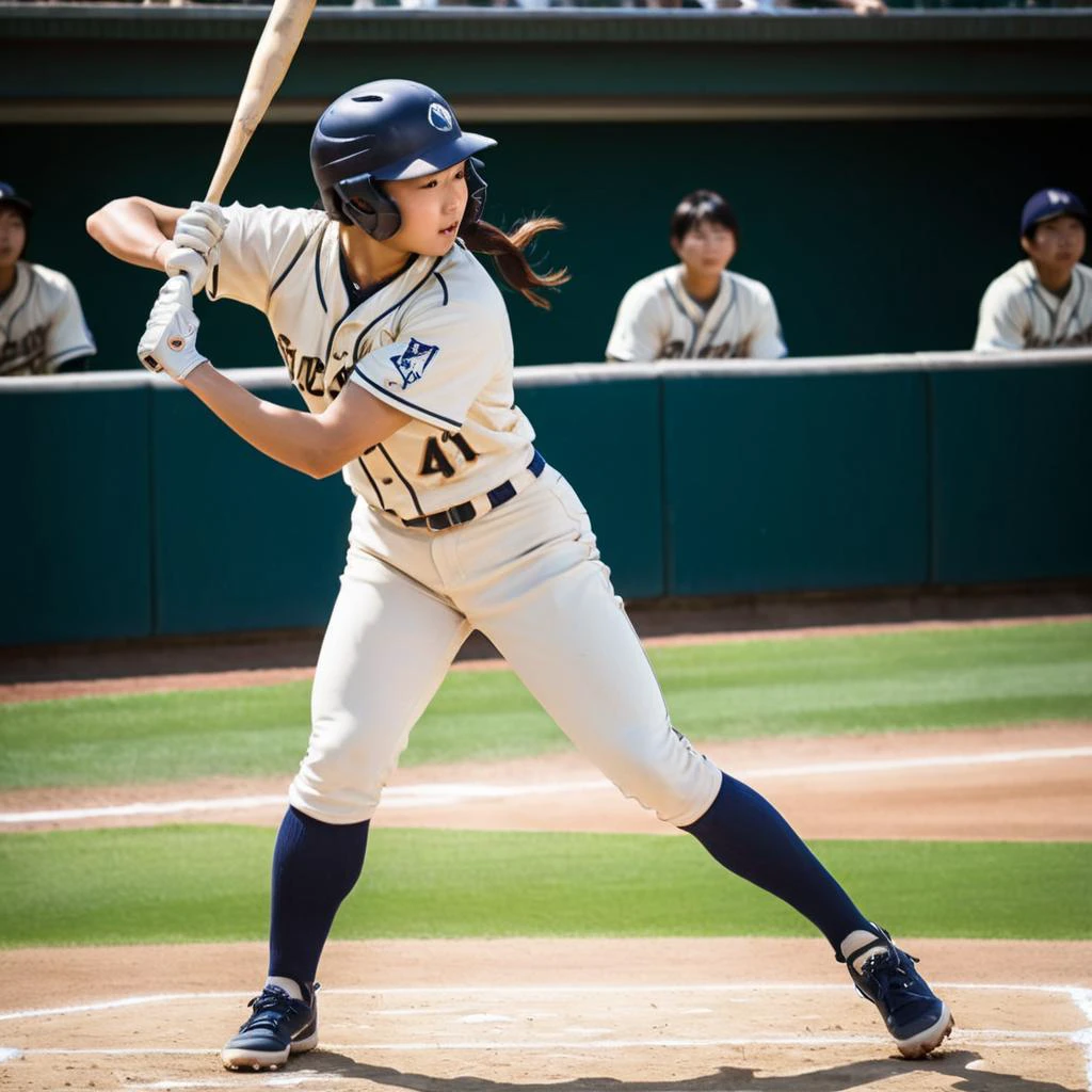 A Japanese high school girl, serving as a batter in a baseball game, captured in the precise moment she hits a home run at Koshien Stadium. Her expression is one of intense focus and determination, showcasing the peak of her swing. She wears the correct baseball uniform, emblematic of her team, with every detail from the fabric to the team logo meticulously depicted. The scene is bathed in the realistic glow of afternoon sunlight, casting dynamic shadows that enhance the motion. The viewpoint is from the pitcher's mound looking towards the batter's box, emphasizing the action and energy of the swing, with the bat perfectly connecting with the ball, rather than the celebration that follows. The image strives for perfection in capturing the light effects and the dynamism of the moment <lora:ExtrMusc:0.8>, extrmusc <lora:SDS_Contrast tool_XL:0.8>