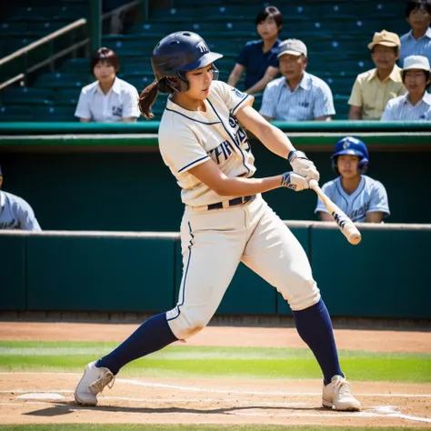 A Japanese high school girl, serving as a batter in a baseball game, captured in the precise moment she hits a home run at Koshien Stadium. Her expression is one of intense focus and determination, showcasing the peak of her swing. She wears the correct baseball uniform, emblematic of her team, with every detail from the fabric to the team logo meticulously depicted. The scene is bathed in the realistic glow of afternoon sunlight, casting dynamic shadows that enhance the motion. The viewpoint is from the pitcher's mound looking towards the batter's box, emphasizing the action and energy of the swing, with the bat perfectly connecting with the ball, rather than the celebration that follows. The image strives for perfection in capturing the light effects and the dynamism of the moment <lora:ExtrMusc:0.8>, extrmusc <lora:SDS_Contrast tool_XL:0.8>