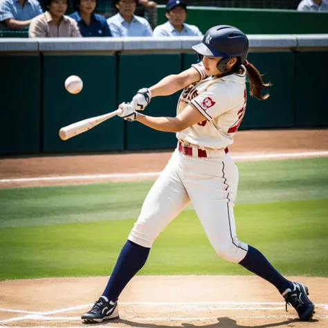 A Japanese high school girl, serving as a batter in a baseball game, captured in the precise moment she hits a home run at Koshien Stadium. Her expression is one of intense focus and determination, showcasing the peak of her swing. She wears the correct baseball uniform, emblematic of her team, with every detail from the fabric to the team logo meticulously depicted. The scene is bathed in the realistic glow of afternoon sunlight, casting dynamic shadows that enhance the motion. The viewpoint is from the pitcher's mound looking towards the batter's box, emphasizing the action and energy of the swing, with the bat perfectly connecting with the ball, rather than the celebration that follows. The image strives for perfection in capturing the light effects and the dynamism of the moment <lora:ExtrMusc:0.8>, extrmusc <lora:SDS_Contrast tool_XL:0.8>