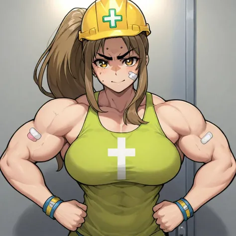 An anime character, designed in an early 1980s Japanese cartoon style, who appears as a rugged, masculine-looking woman with thick eyebrows and long brown hair tied in a ponytail. She boasts a very muscular build, with prominent biceps and chest, radiating strength. She's wearing a bright green tank top and a yellow construction hard hat adorned with a green cross. A noticeable band-aid is placed on her nose, and her face is lit up with a beaming, radiant smile. The setting is a room with gray walls, featuring one door and multiple air conditioning vents, with at least one vent clearly visible in the top right corner., <lora:ExtrMusc:0.65> extrmusc