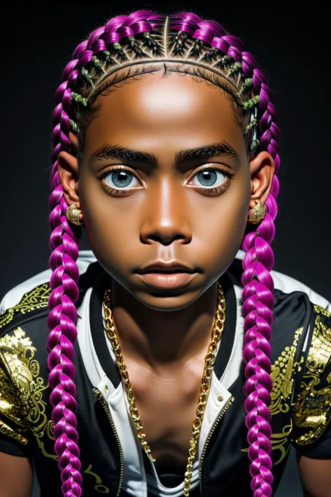 ((Best quality)), ((masterpiece)), ((realistic)) and ultra-detailed photography 1Boy nkneghmn neon ((Braided Hair)). , Boy, Rapping in a Fantasy Background with lots of gold jewelry and tons of diamonds, 3dmm style, (masterpiece, best quality), intricate details, solo, dark skin, purple eyes and pupils \ anime \), t, looking at viewer,3DMM
,perfecteyes
