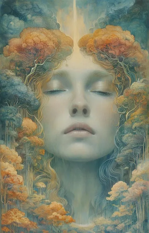 masterpiece,best quality,<lora:tbh140-sdxl:0.7>,landscape,illustration,style of Jean Delville,symbolism,colorful,