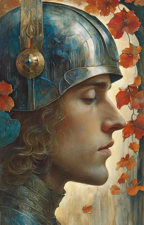 masterpiece,best quality,<lora:tbh140-sdxl:0.7>portrait of knight,illustration,style of Jean Delville,symbolism,colorful,
