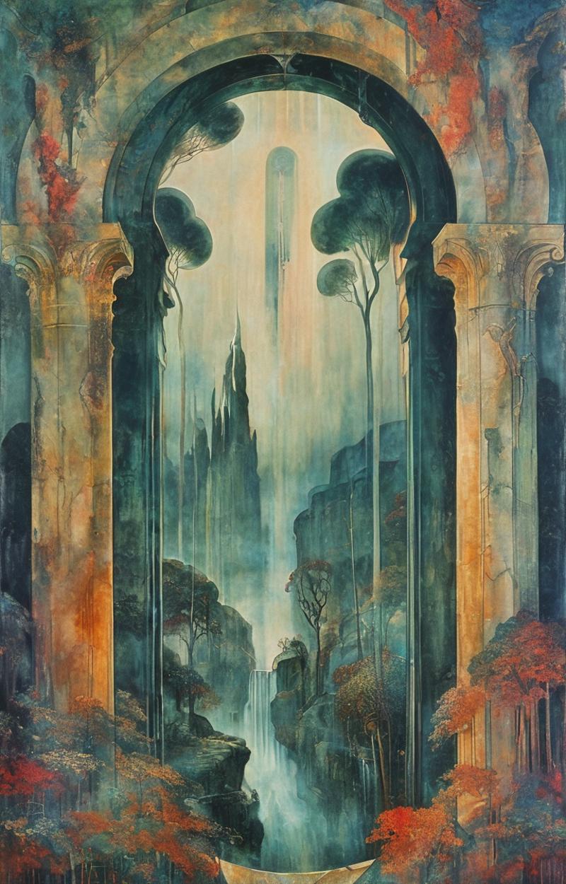 A painting of a castle with a waterfall in the middle of it - SeaArt AI