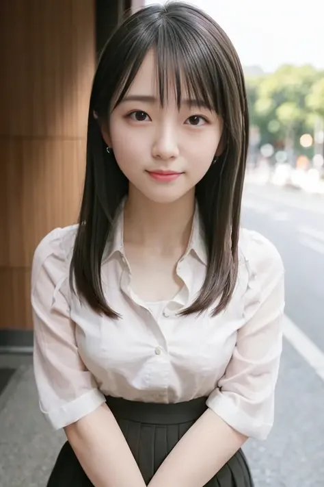 (skin blemish:1.2), (skindentation), black eye, 1woman, 25yo, (((woman))), solo, realistic,  best quality, photorealistic, masterpiece, 8k, high res, solo, extremely detailed face,  (professional lighting, bokeh), (light particles, lens flare, glowing particles:0.6), (dynamic pose:1.2), soft lighting, top angle view, fashionable and trendy atmosphere, japan, street, tokyo, city, ((daytime)), sky,  ((looking at the viewer:1)), (looking at the camera),(portrait:0.6), cowboy shot, gorgeous, standing, keep original facial proportion, wide shoulder, full body,  (small breast),  (medium hair), brown hair, floating hair, lips, lipstick, seductive smile, floating hair, smile, open_mouth, teeth, (white blouse), (jumper skirt), eyelashes, mole, (mole under eye:1),   <lora:yoshiokaR:0.8>