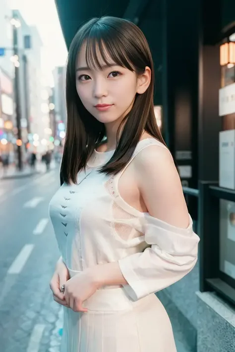 (skin blemish:1.2), (skindentation), black eye, 1woman, 25yo, (((woman))), solo, realistic, best quality, photorealistic, masterpiece, 8k, high res, solo, extremely detailed face, (professional lighting, bokeh), (light particles, lens flare, glowing particles:0.6), (dynamic pose:1.2), soft lighting, top angle view, fashionable and trendy atmosphere, japan, street, tokyo, city, ((daytime)), sky, ((looking at the viewer:1)), (looking at the camera),(portrait:0.6), cowboy shot, gorgeous, standing, keep original facial proportion, wide shoulder, full body, (small breast), (medium hair), brown hair, floating hair, lips, lipstick, seductive smile, floating hair, smile, open_mouth, teeth, (sleeves less white blouse), (jumper skirt), eyelashes, mole, (mole under eye:1), <lora:yoshiokaR:0.75>