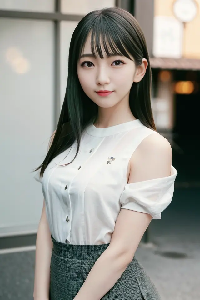(skin blemish:1.2), (skindentation), black eye, 1woman, 25yo, (((woman))), solo, realistic, best quality, photorealistic, masterpiece, 8k, high res, solo, extremely detailed face, (professional lighting, bokeh), (light particles, lens flare, glowing particles:0.6), (dynamic pose:1.2), soft lighting, top angle view, fashionable and trendy atmosphere, japan, street, tokyo, city, ((daytime)), sky, ((looking at the viewer:1)), (looking at the camera),(portrait:0.6), cowboy shot, gorgeous, standing, keep original facial proportion, wide shoulder, full body, (small breast), (medium hair), brown hair, floating hair, lips, lipstick, seductive smile, floating hair, smile, open_mouth, teeth, (sleeves less white blouse), (jumper skirt), eyelashes, mole, (mole under eye:1), <lora:yoshiokaR:0.75>