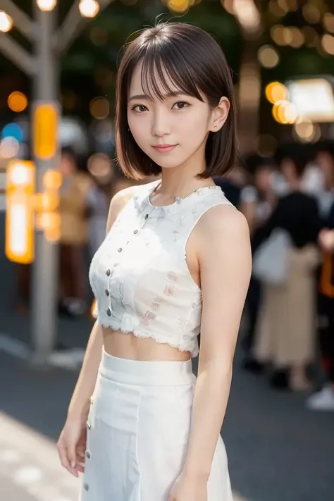 (skin blemish:1.2), (), black eye, 1woman, 25yo, (((woman))), solo, realistic,  best quality, photorealistic, masterpiece, 8k, high res, solo, extremely detailed face,  (professional lighting, bokeh), (light particles, lens flare, glowing particles:0.6), (dynamic pose:1.2), soft lighting, top angle view, fashionable and trendy atmosphere, japan, street, tokyo, city, ((daytime)), sky,  ((looking at the viewer:1)), (looking at the camera),(portrait:0.6), cowboy shot, gorgeous, standing, keep original facial proportion, wide shoulder, full body,  (small ),  (medium hair), brown hair, floating hair, lips, lipstick,  smile, floating hair, smile, open_mouth, teeth, (white blouse), (jumper skirt), eyelashes, mole, (mole under eye:1),   <lora:yoshiokaR:0.8>