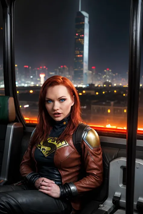 Marvel Cinematic Universe ,(best quality), (detailed) , breathtaking, <lora:quiron_KatjaKassin_v1_Lora:0.97> KatjaKassinQuiron, redhead, a woman, Dystopian style 4K close-up medium shot at dawn, a single woman sitting in a bus, (illuminated blue eyes: 1); the image was taken inside a crowded bus; there is heavy rain, lit skyscrapers, and lightning in the background. Bleak, post-apocalyptic, somber, dramatic, highly detailed . Bleak, post-apocalyptic, somber, dramatic, highly detailed,, . Superheroes, epic battles, colorful, highly detailed